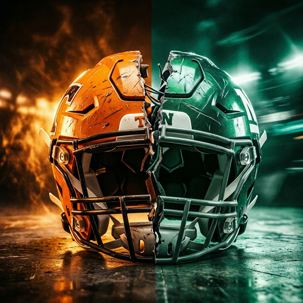 Split football helmet with orange scratched side and blue scratched side facing each other