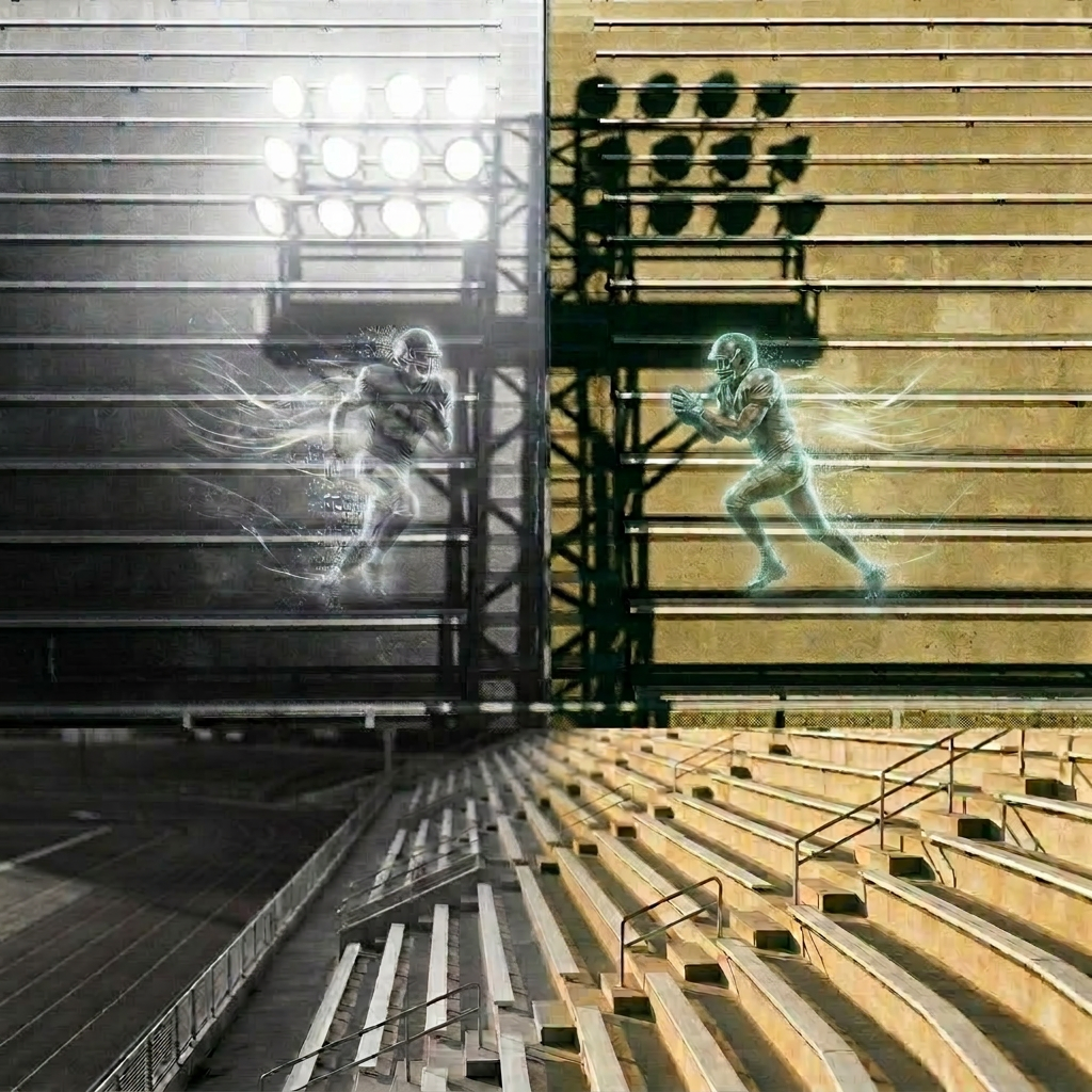 Person walking up empty concrete stadium bleachers with shadow of stadium lights