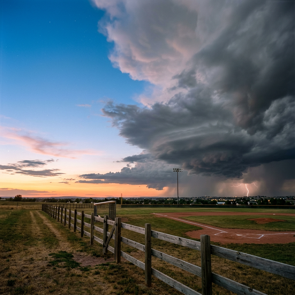 Baseball field with storm clouds and lightning in the distance at sunset